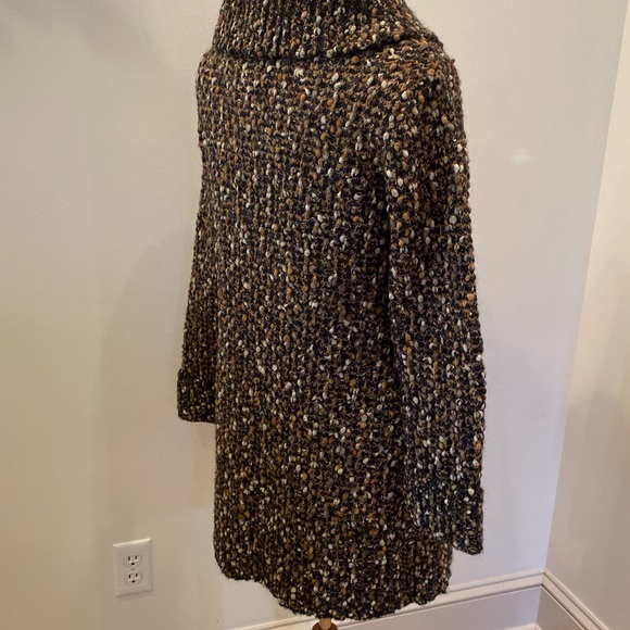 Curio Womens Textured Long Tan Black Cream Knit Cardigan w Wing Collar / Size M - Picture 7 of 10